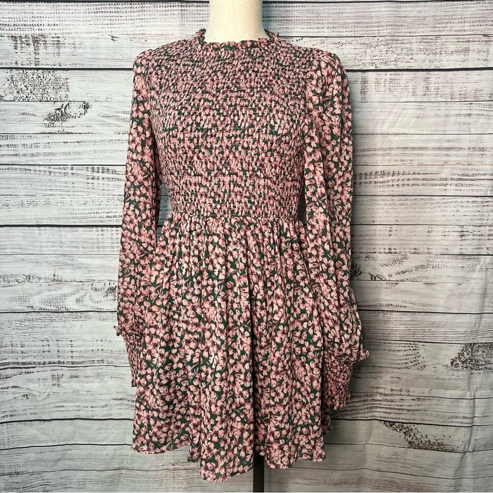 Lulus Medium Smocked Floral Dress Green Pink Long Sleeve Skater Dress Derby